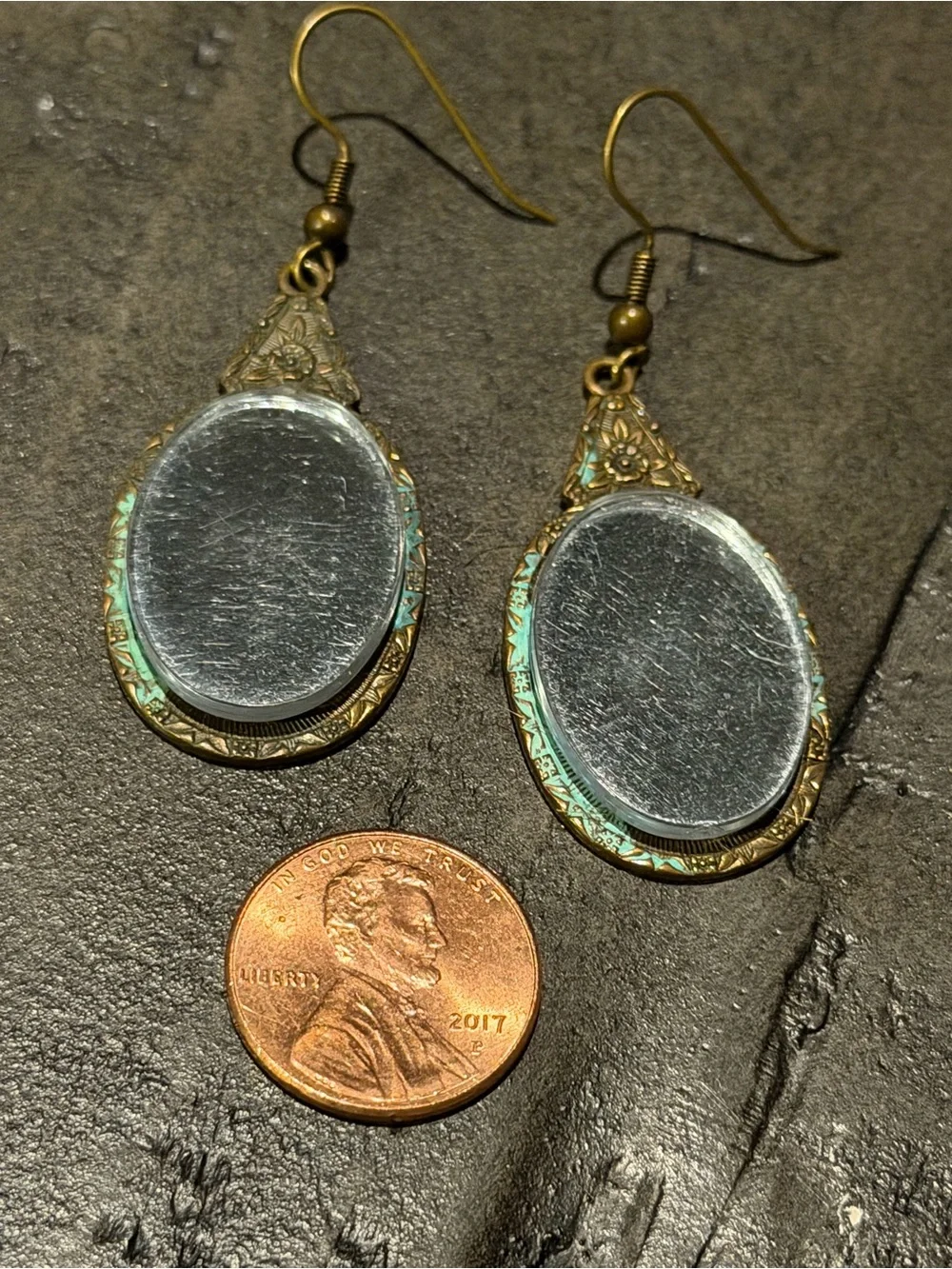Antique-Style Gold Oval Mirrored Drop Earrings with Natural Vintage Verdigris